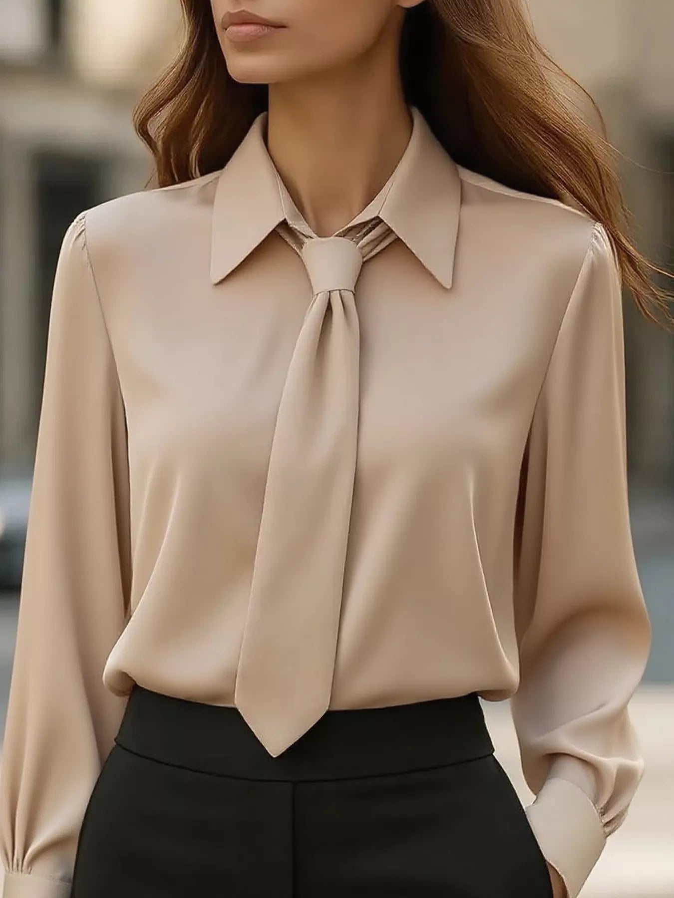 Trendsi Tie-Neck Long Sleeve Blouse -