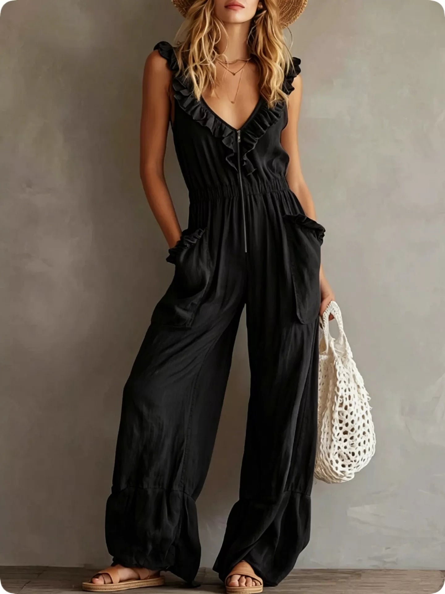 Trendsi Ruffled V-Neck Wide Leg Jumpsuit -