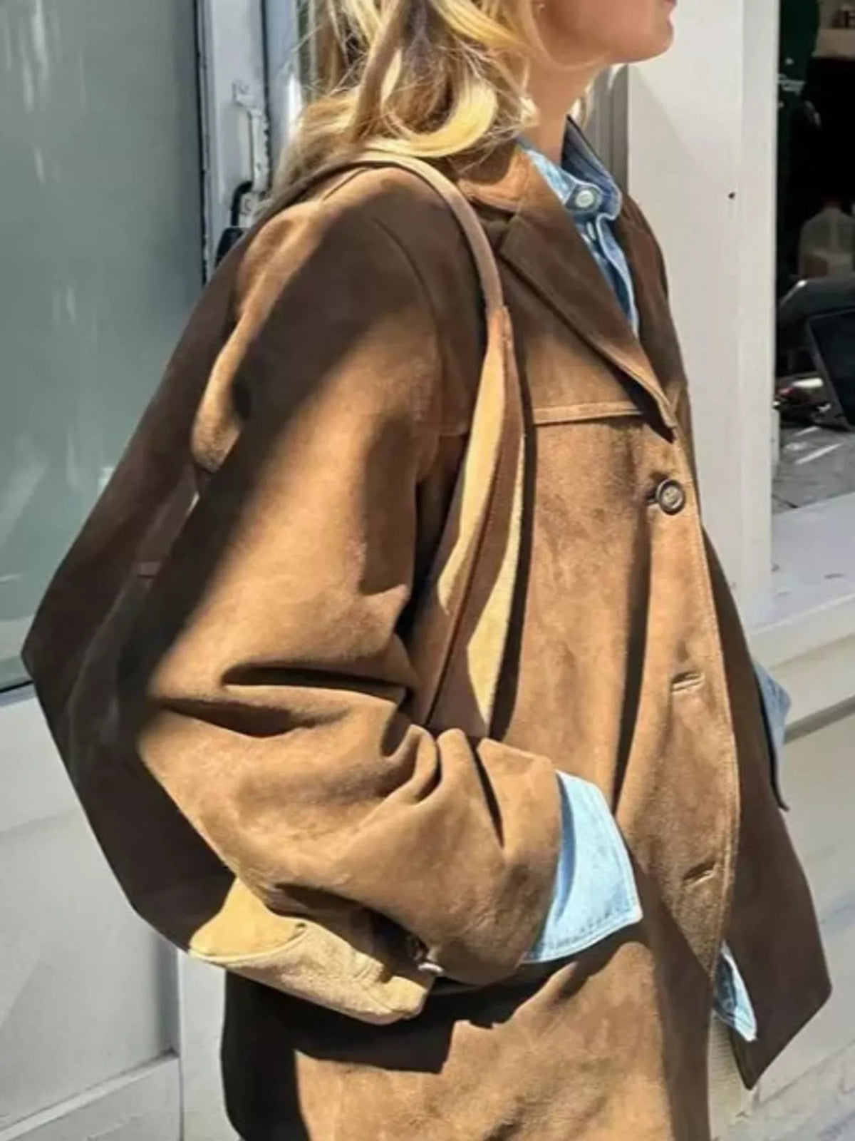 Dark brown lapel blazer, side view