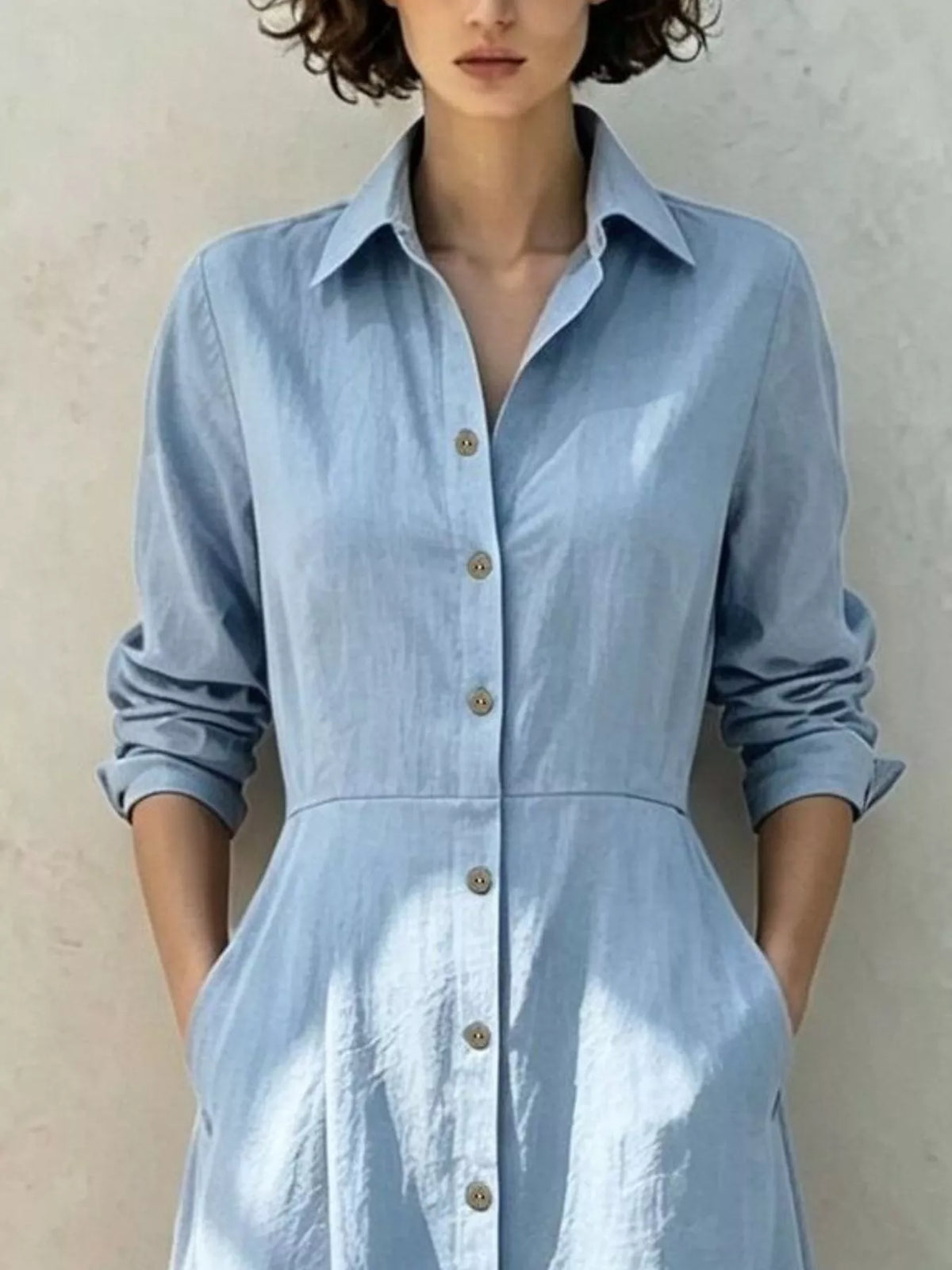 Button-Down Midi Shirt Dress with Pockets, bodice detail