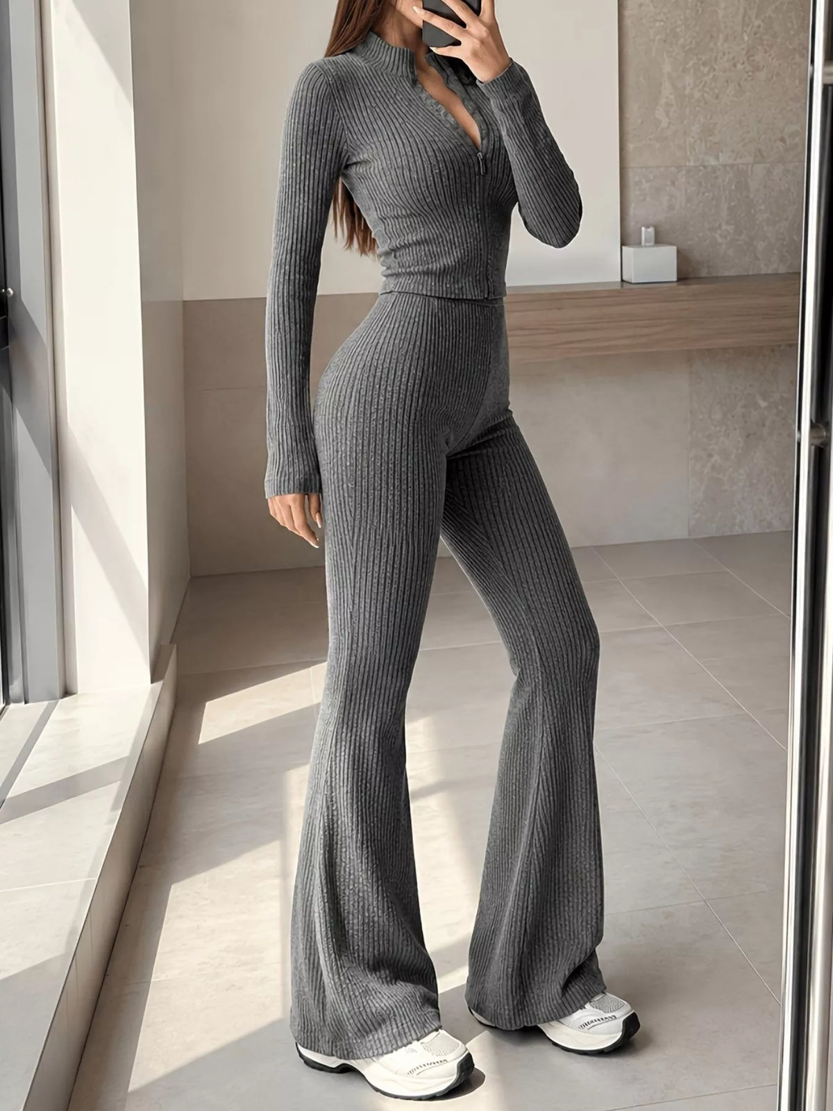 Ribbed zip-up cardigan and pants knit set