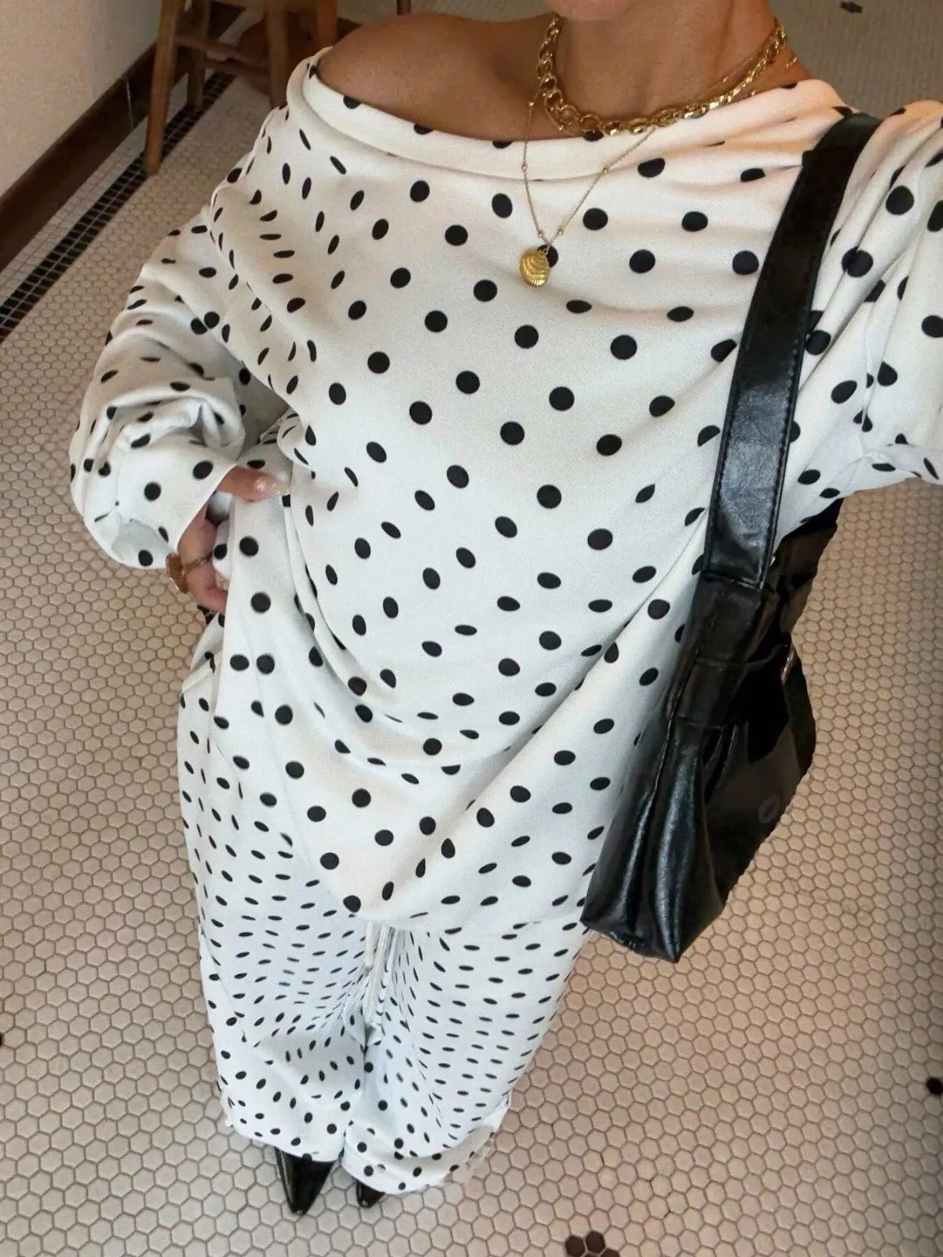 Women's polka dot boat neck top and pants set