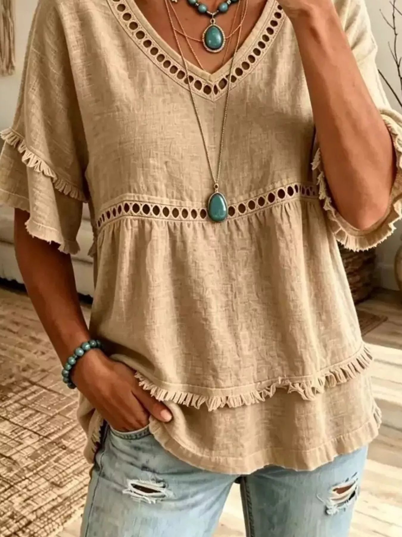 Trendsi Eyelet V-Neck Frayed Edge T-Shirt -