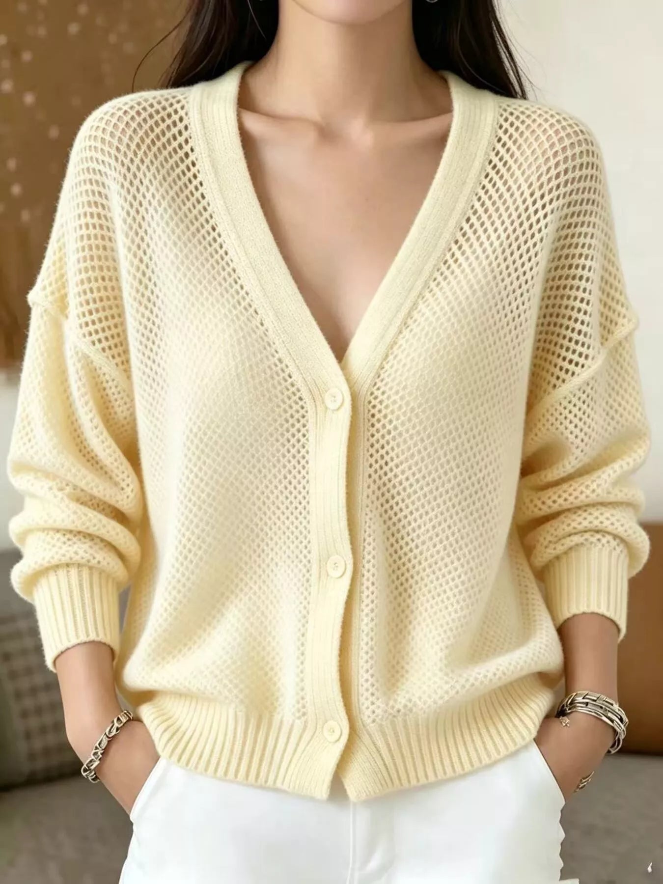 Trendsi V-Neck Open-Knit Button-Down Cardigan -