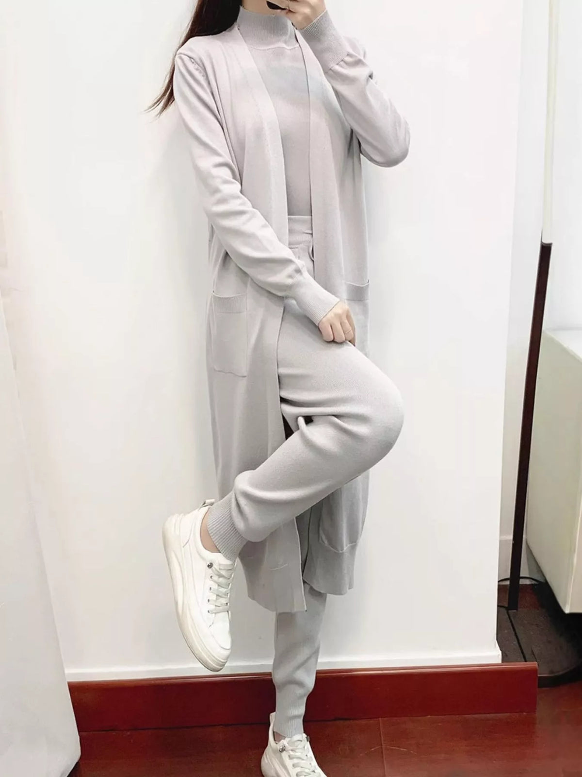 Sleeveless Top and Drawstring Joggers Sweater Set with Long Cardigan — front view