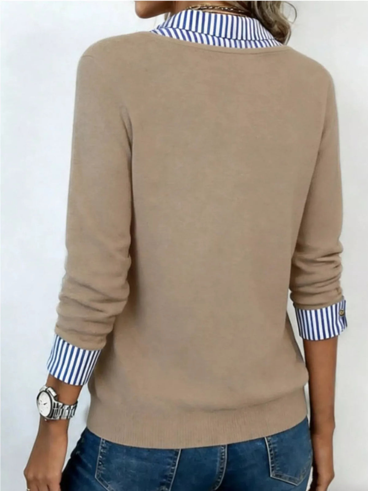 Women's Layered Look Striped Collar Long Sleeve Top in Tan, alternate view