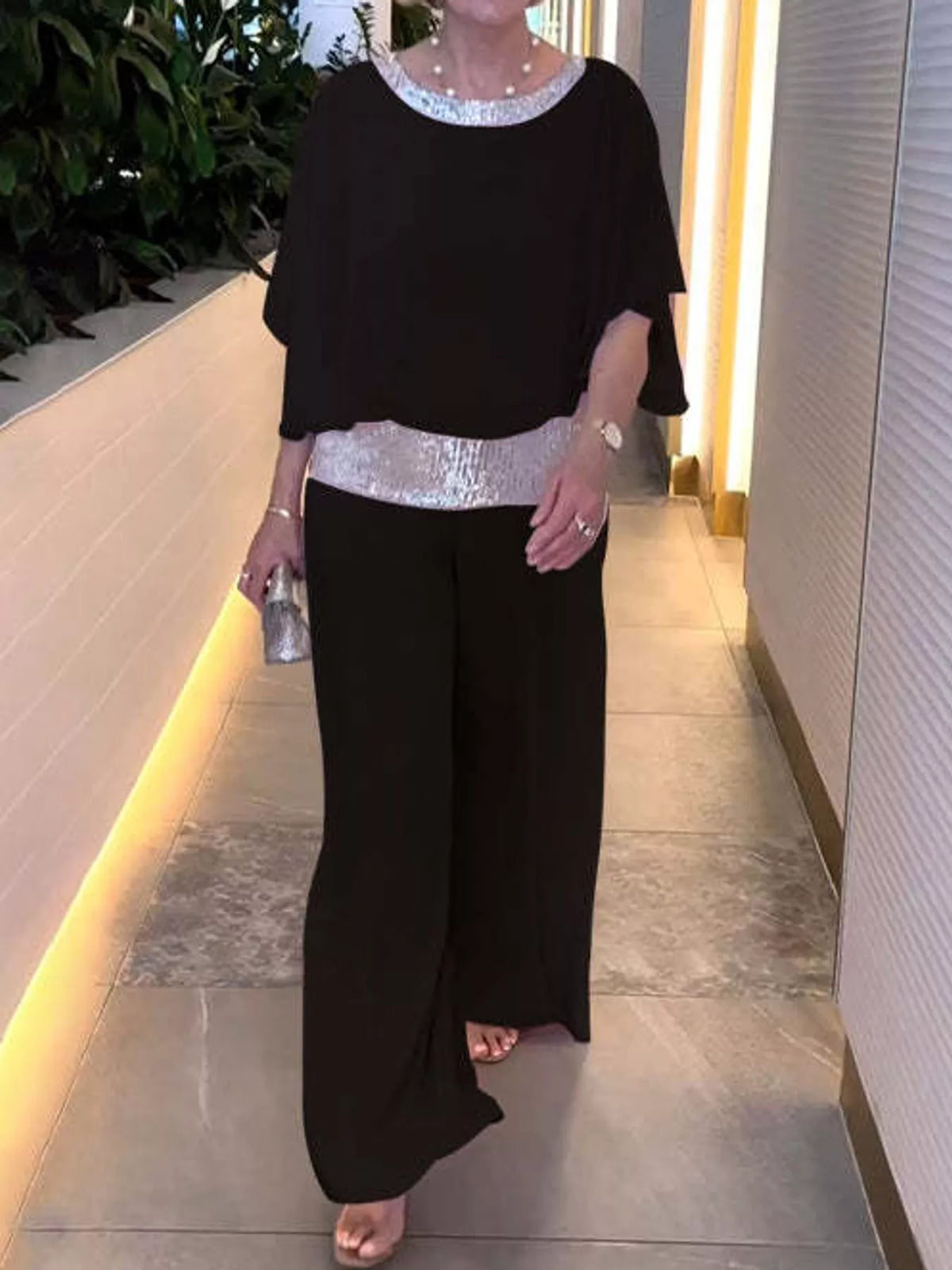 Chiffon Top and Wide-Leg Pants Set — front view
