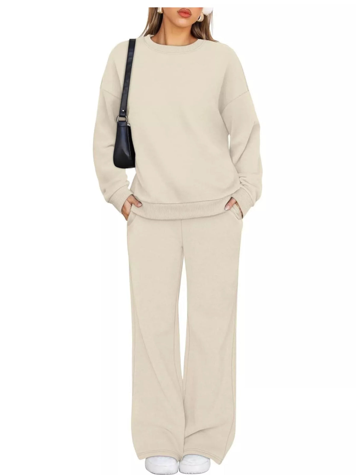 Crewneck Drop Shoulder Sweatshirt and Wide-Leg Pants Set — front view