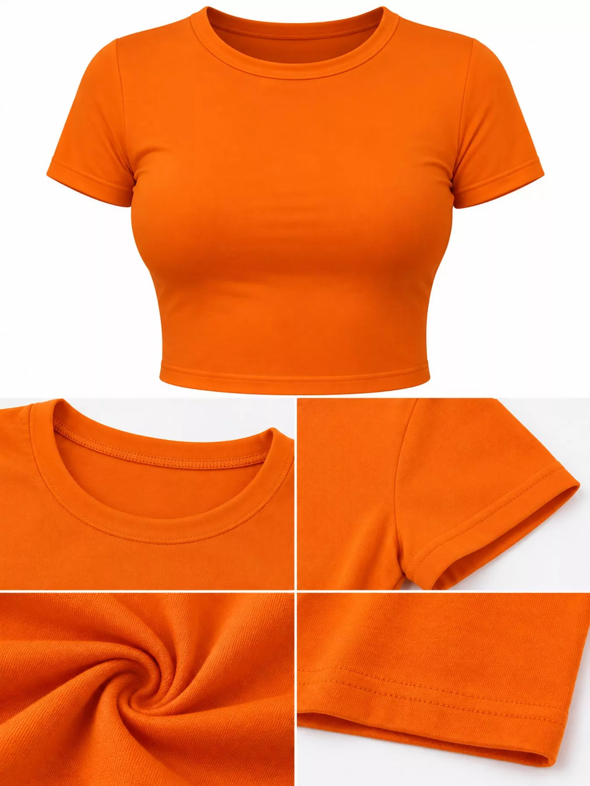 Orange crew neck crop T-shirt, fabric and neckline detail collage