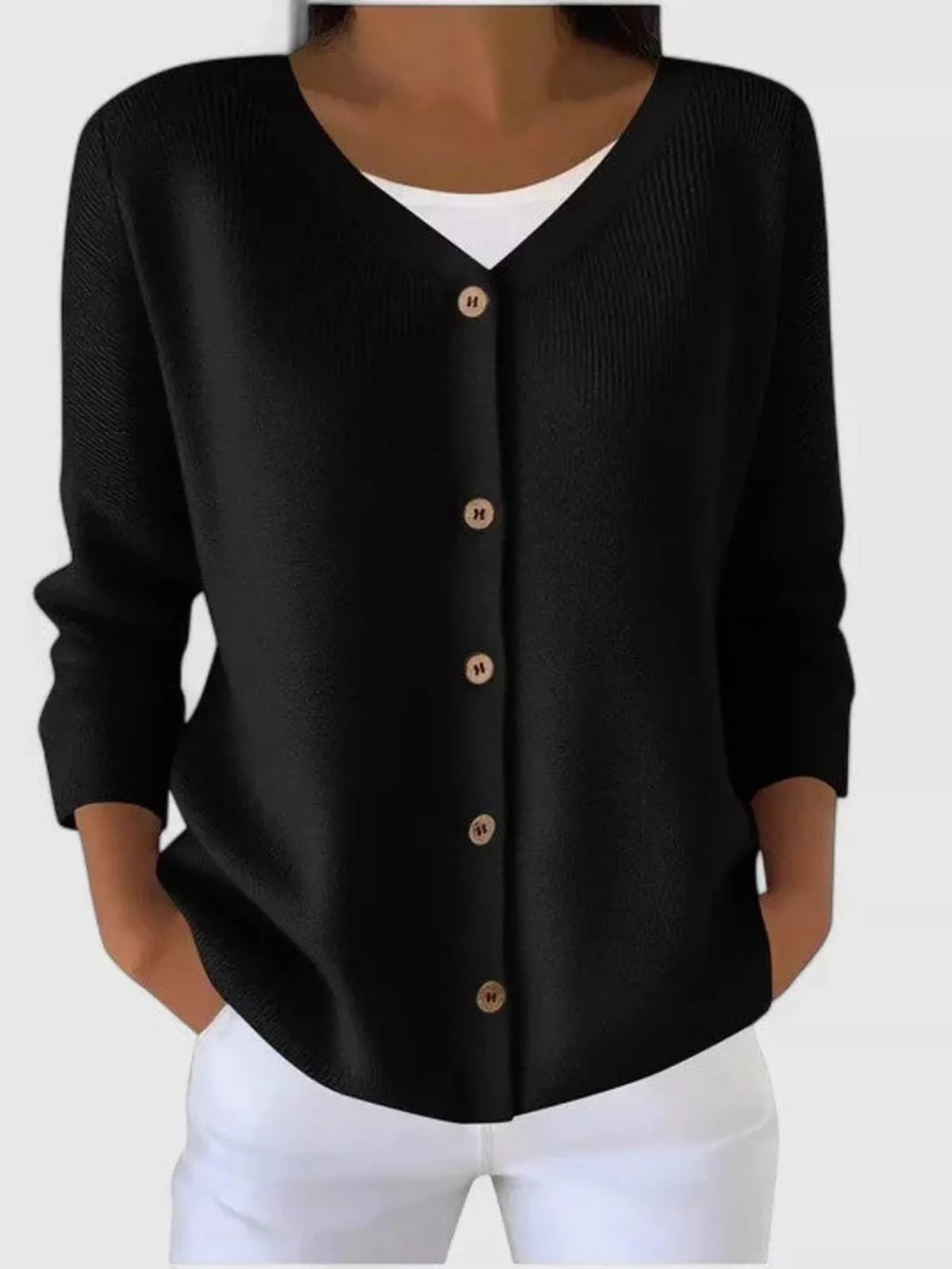 Black ribbed button-front cardigan, front view