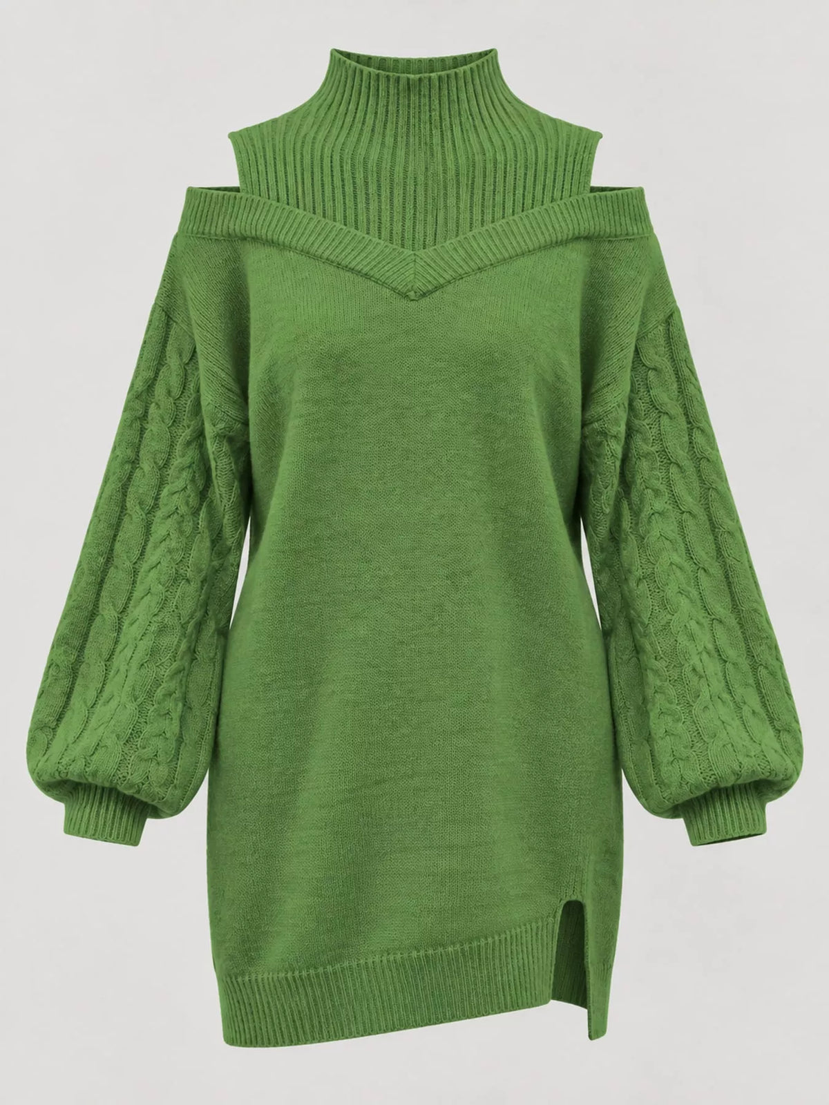 Green cold shoulder cable knit mock neck sweater dress, front view