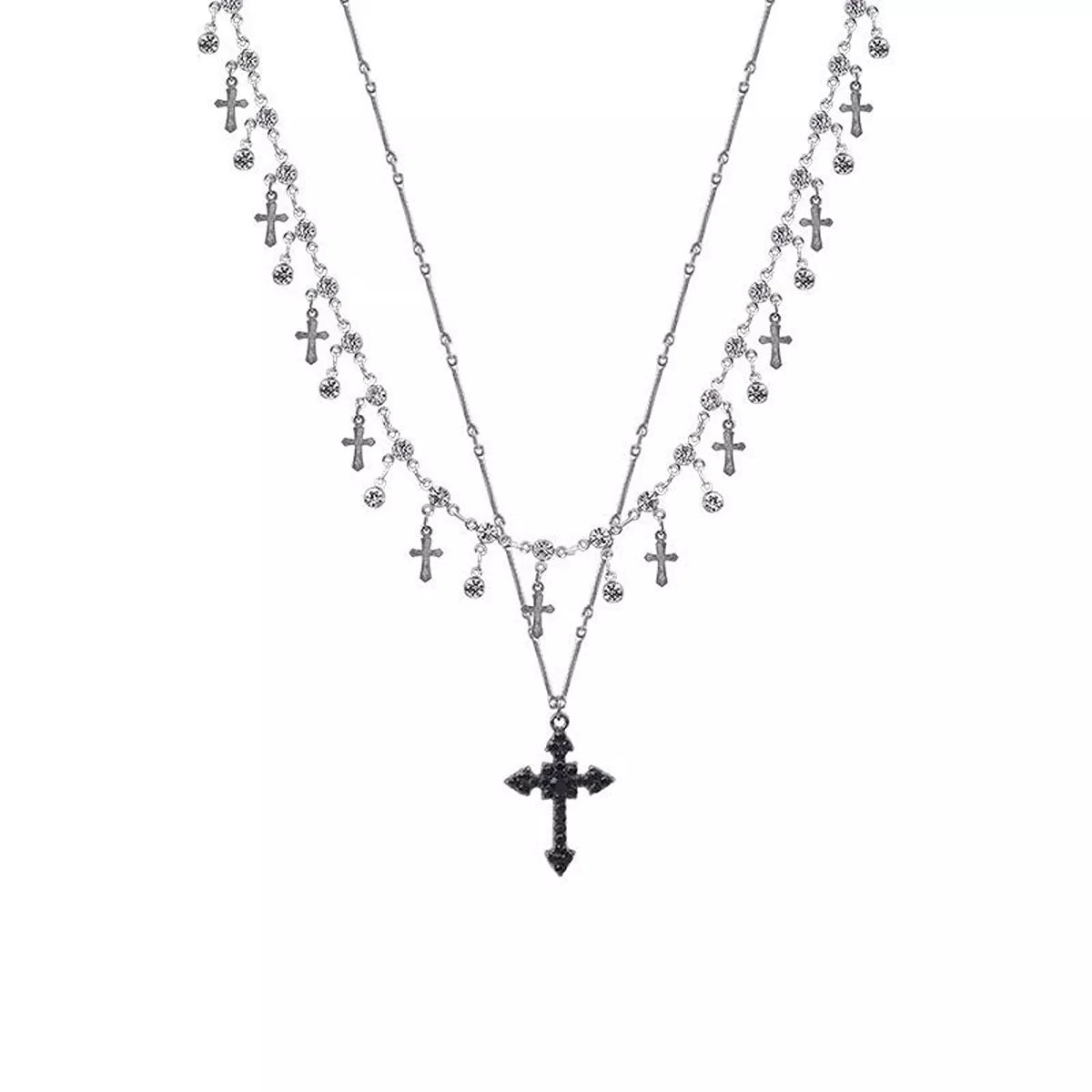 Black double-layer cross pendant necklace