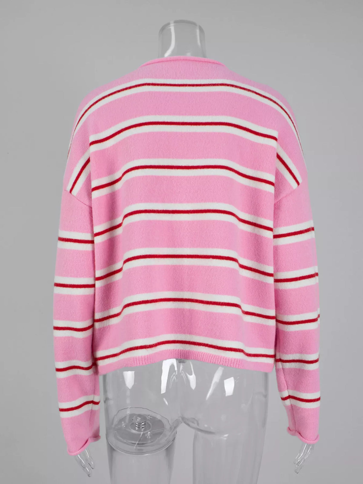 Pink striped button-front cardigan, back view on mannequin
