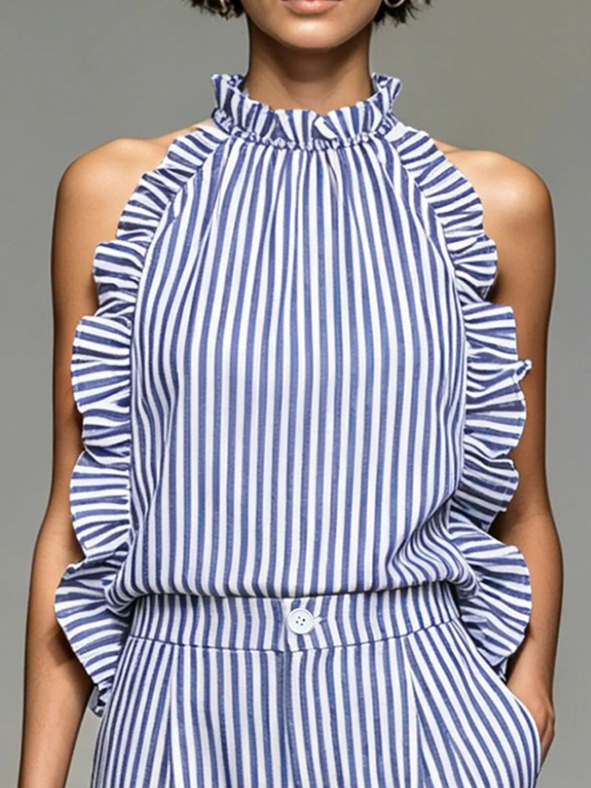 Blue Ruffled Striped Sleeveless Top and Shorts Set top detail