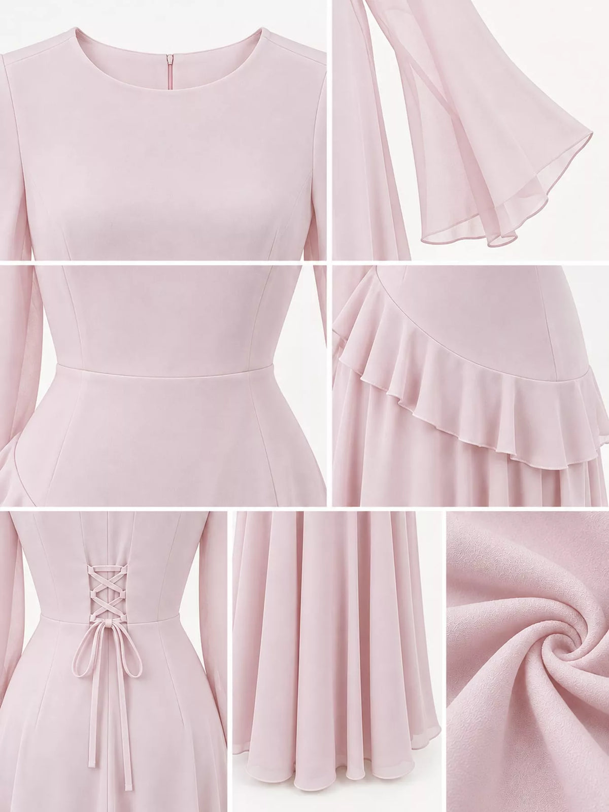 Pink ruffled flare sleeve maxi dress, detail view