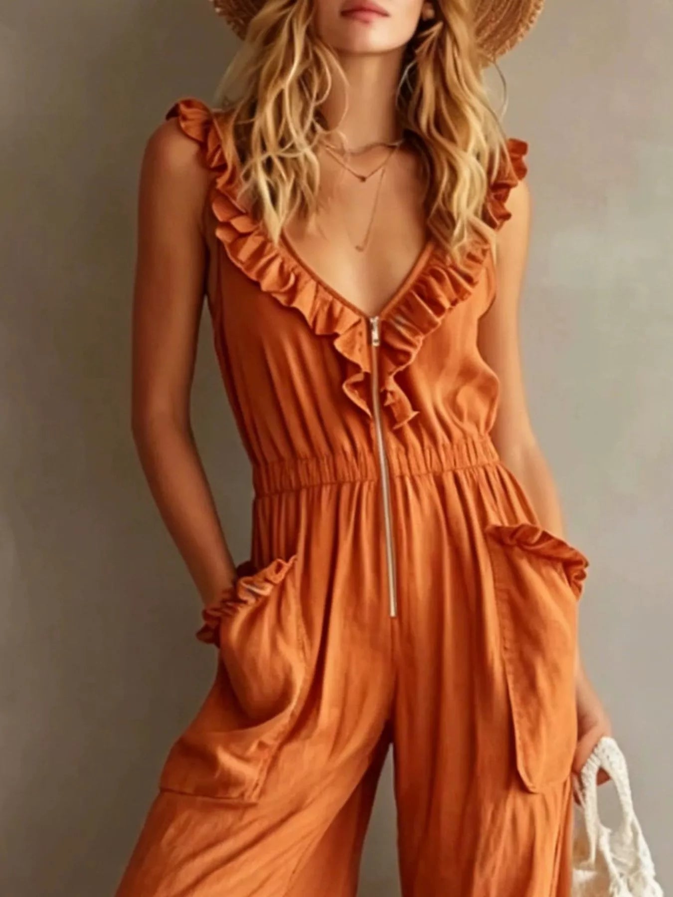Trendsi Ruffled V-Neck Wide Leg Jumpsuit -
