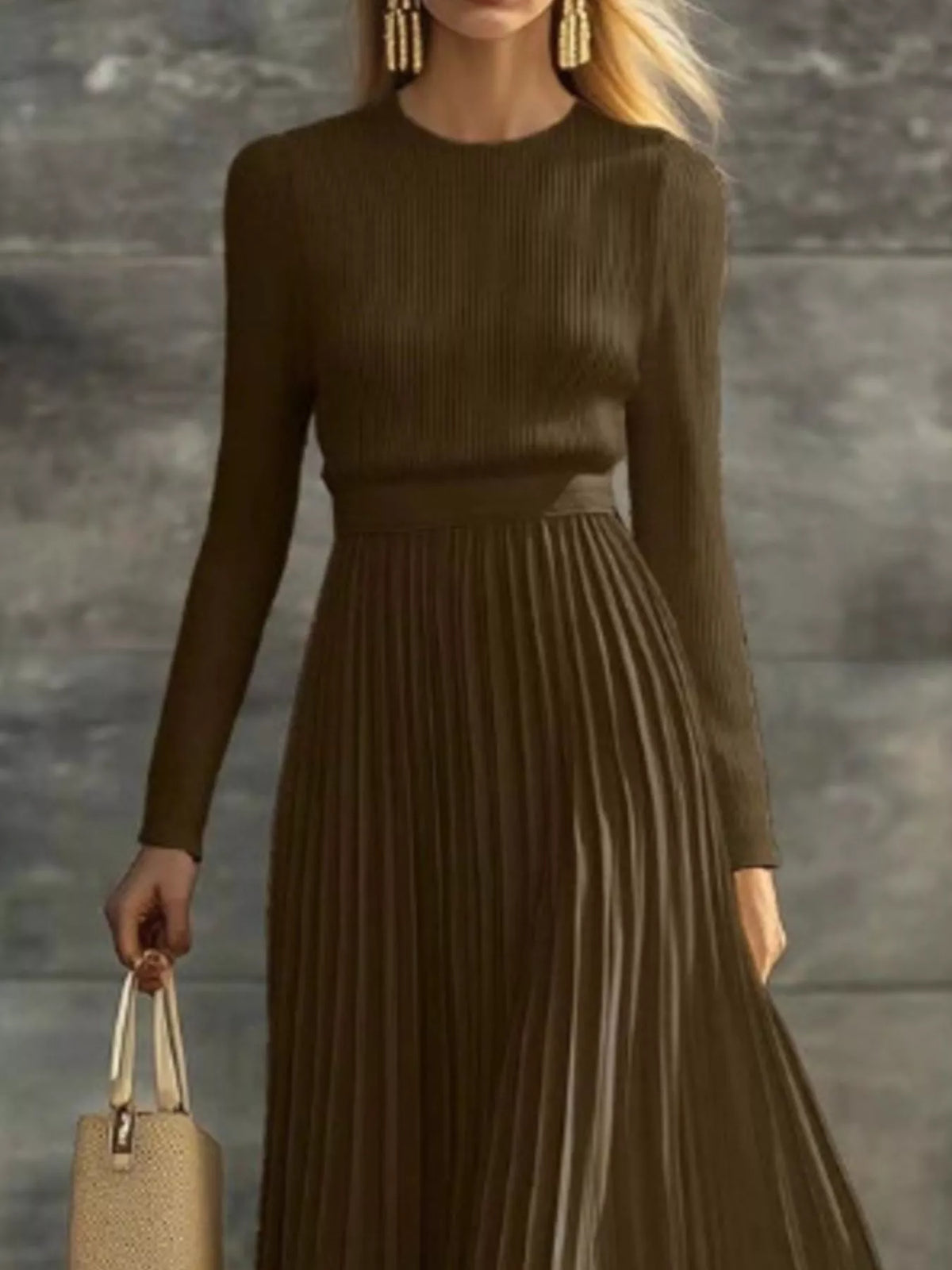 Trendsi Ribbed Knit Pleated Midi Dress -