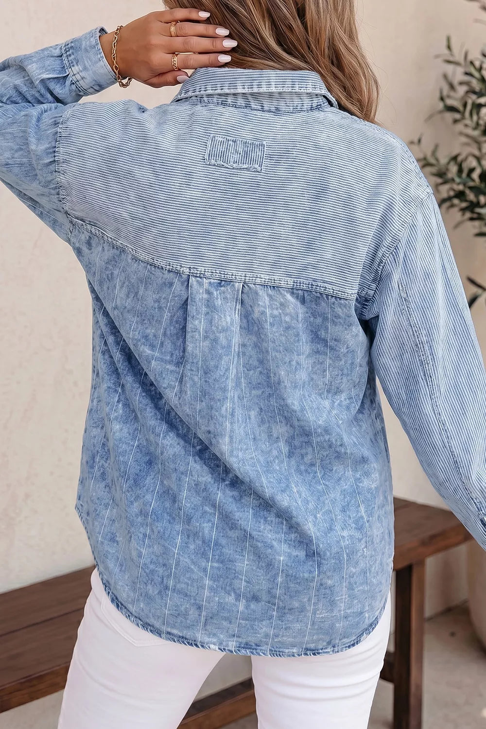 Trendsi Button-Down Front Striped Denim Shirt -