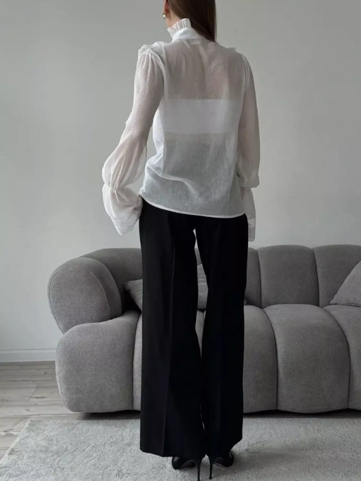 Lace Button-Up Flounce Sleeve Shirt — back view