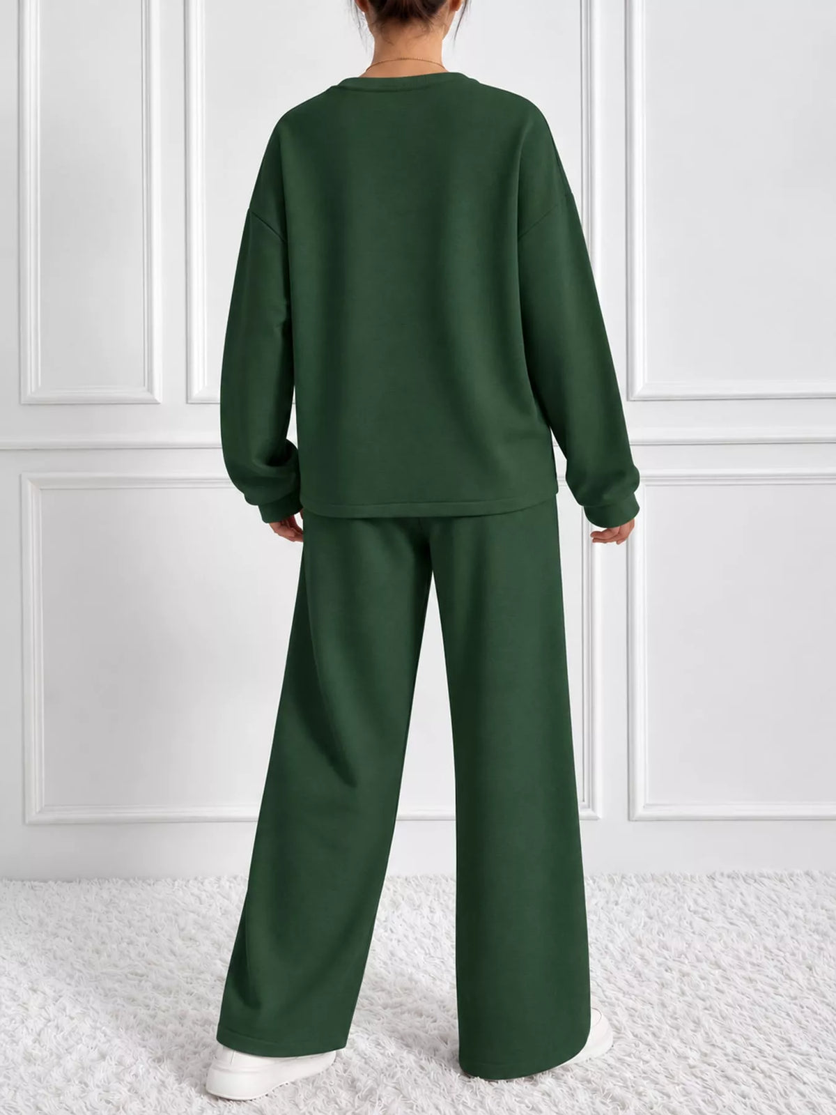 Green oversized sweatshirt and wide-leg pants set — back view