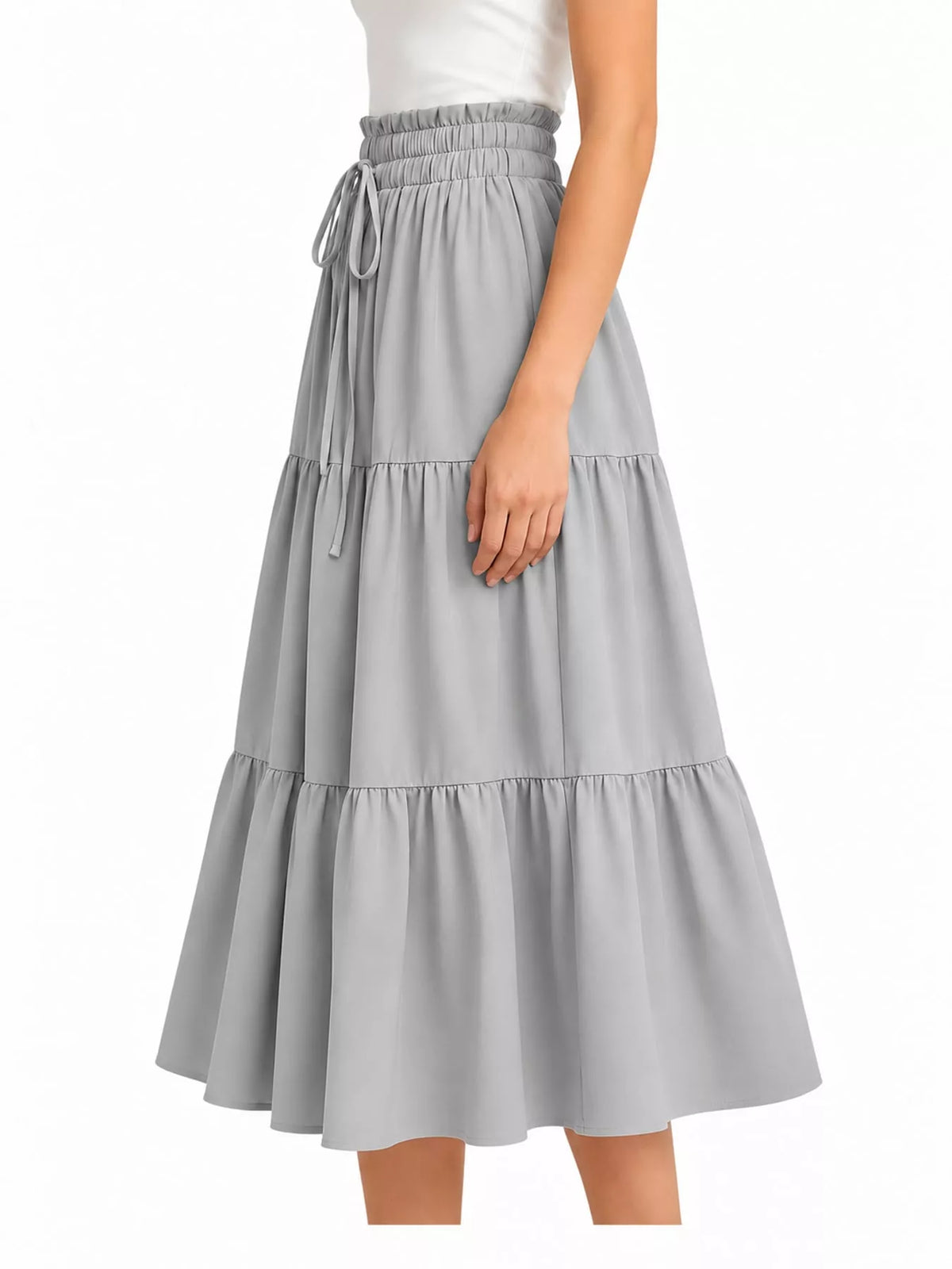 Gray drawstring tiered skirt — side view