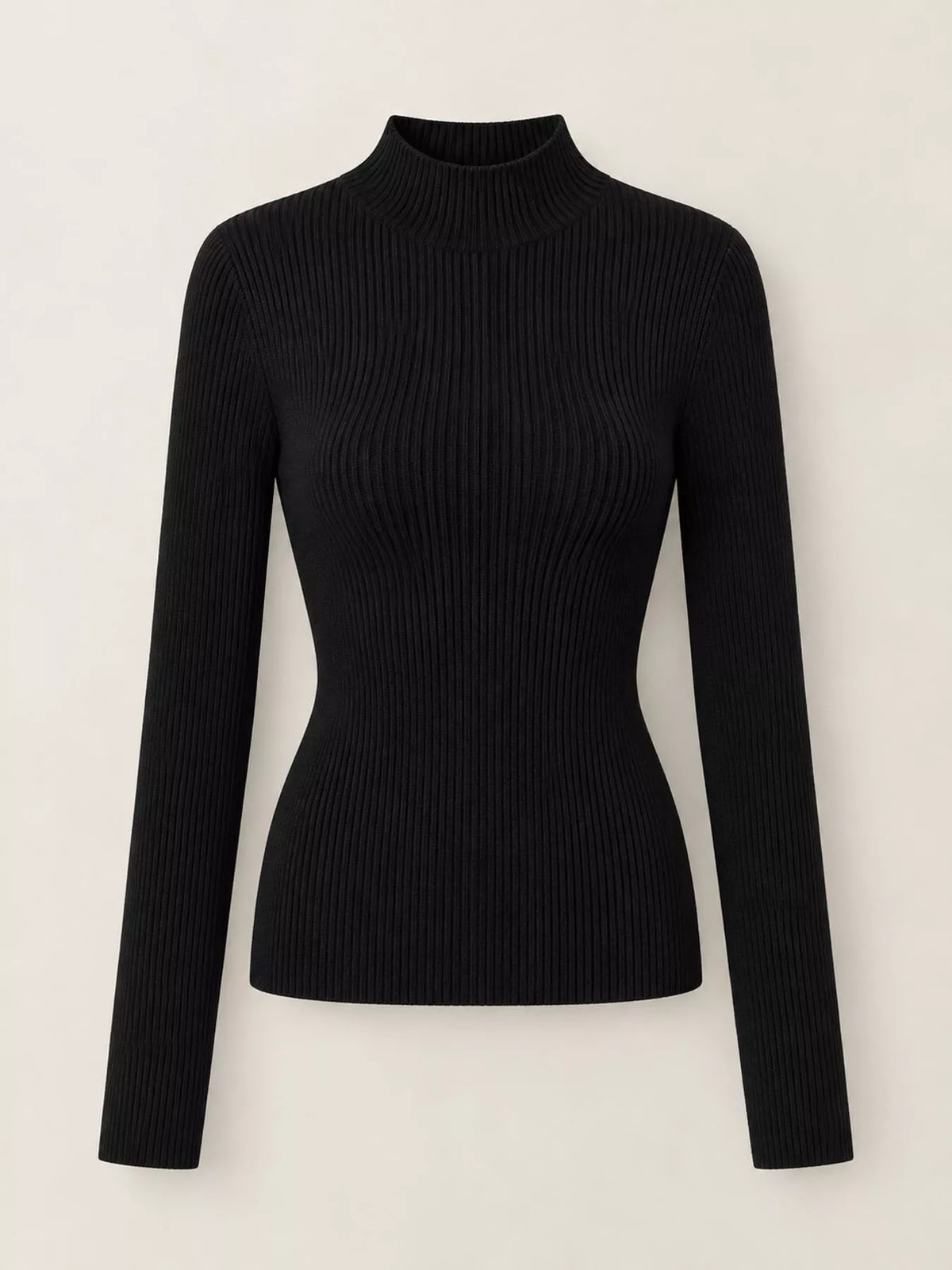 Black ribbed mock neck long sleeve knit top