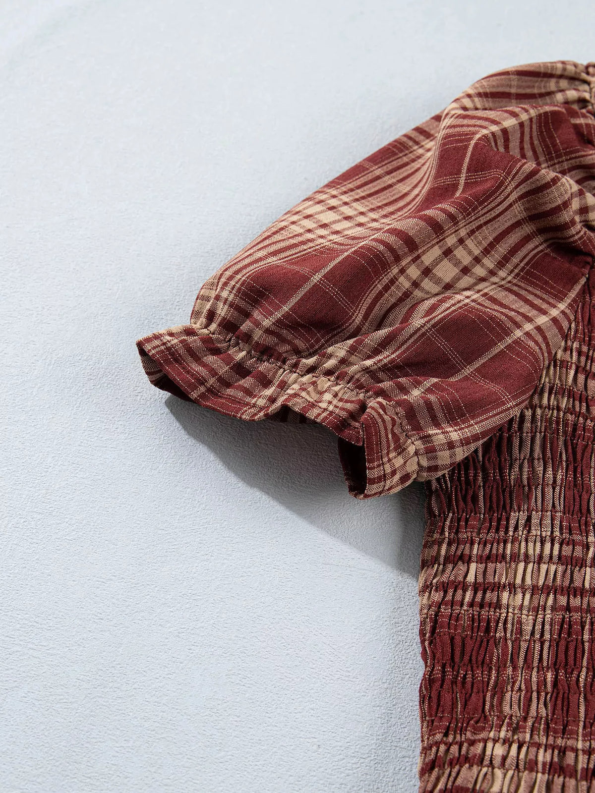 Plaid smocked dress, puff sleeve cuff