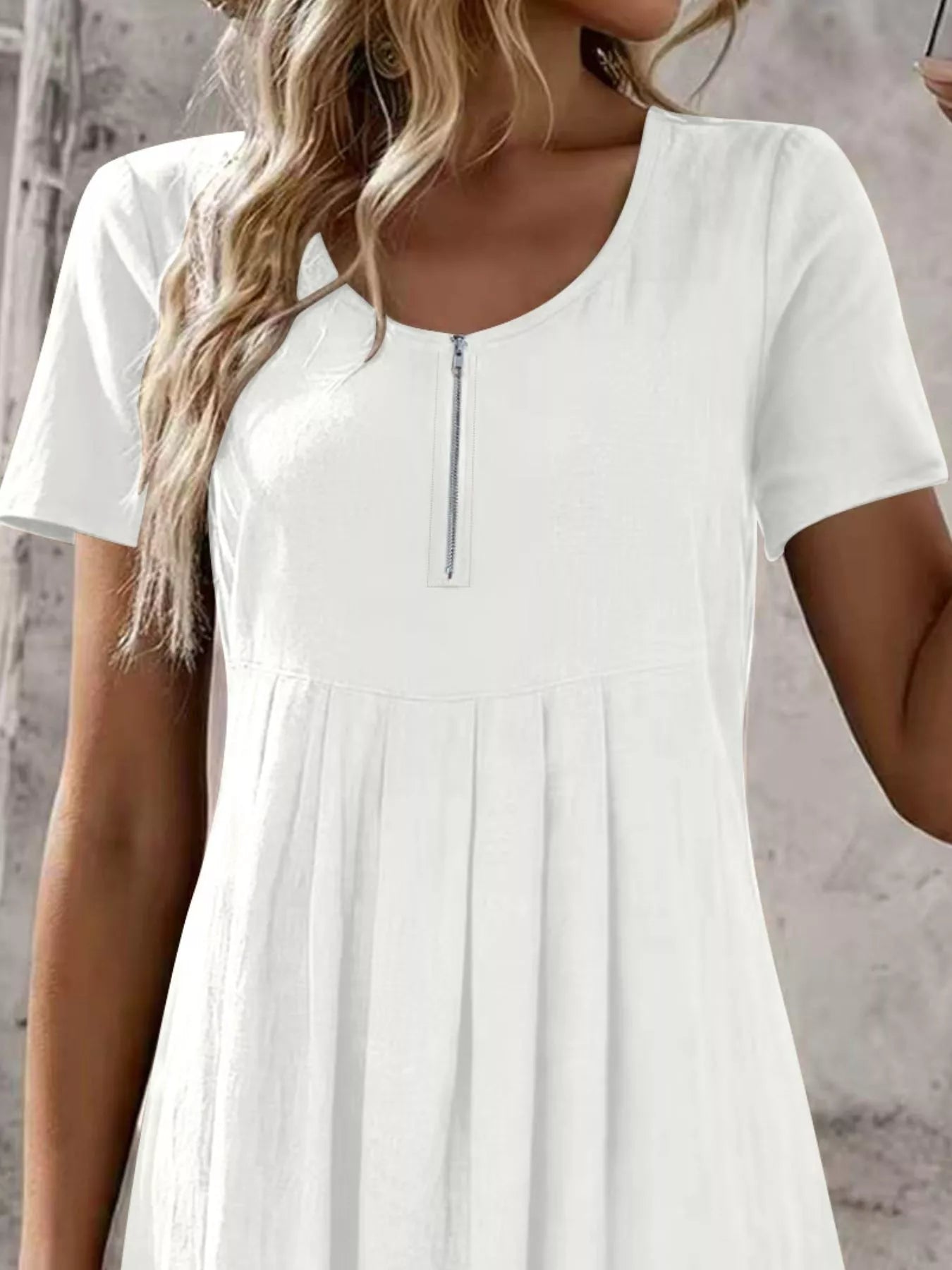 Trendsi Zipper-Front Short Sleeve A-Line Dress -
