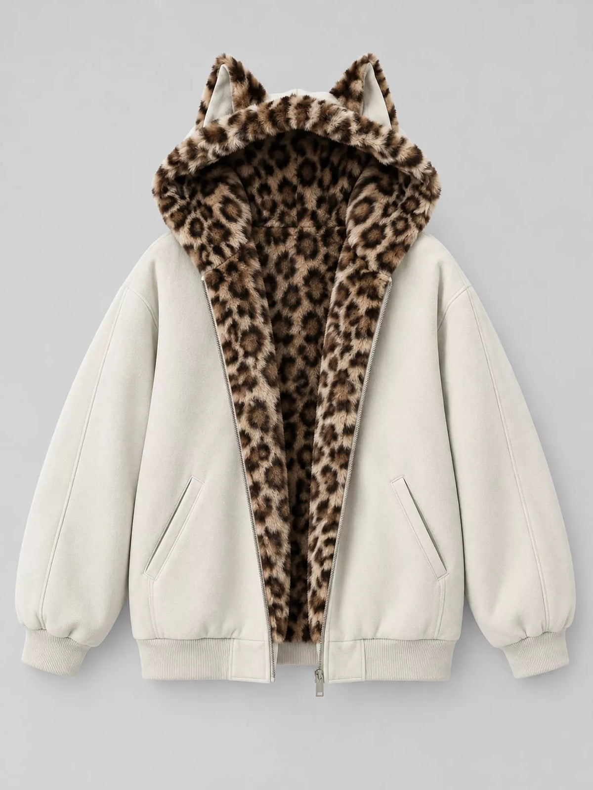 Leopard-Trim Faux Fur Hooded Zip-Up Jacket in off-white, front view