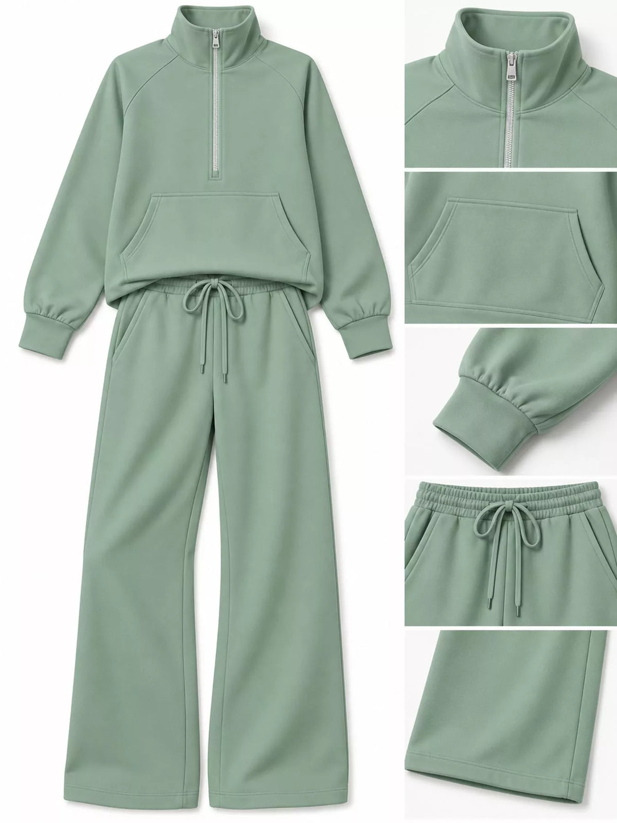 Half-zip top and pants set, green garment details