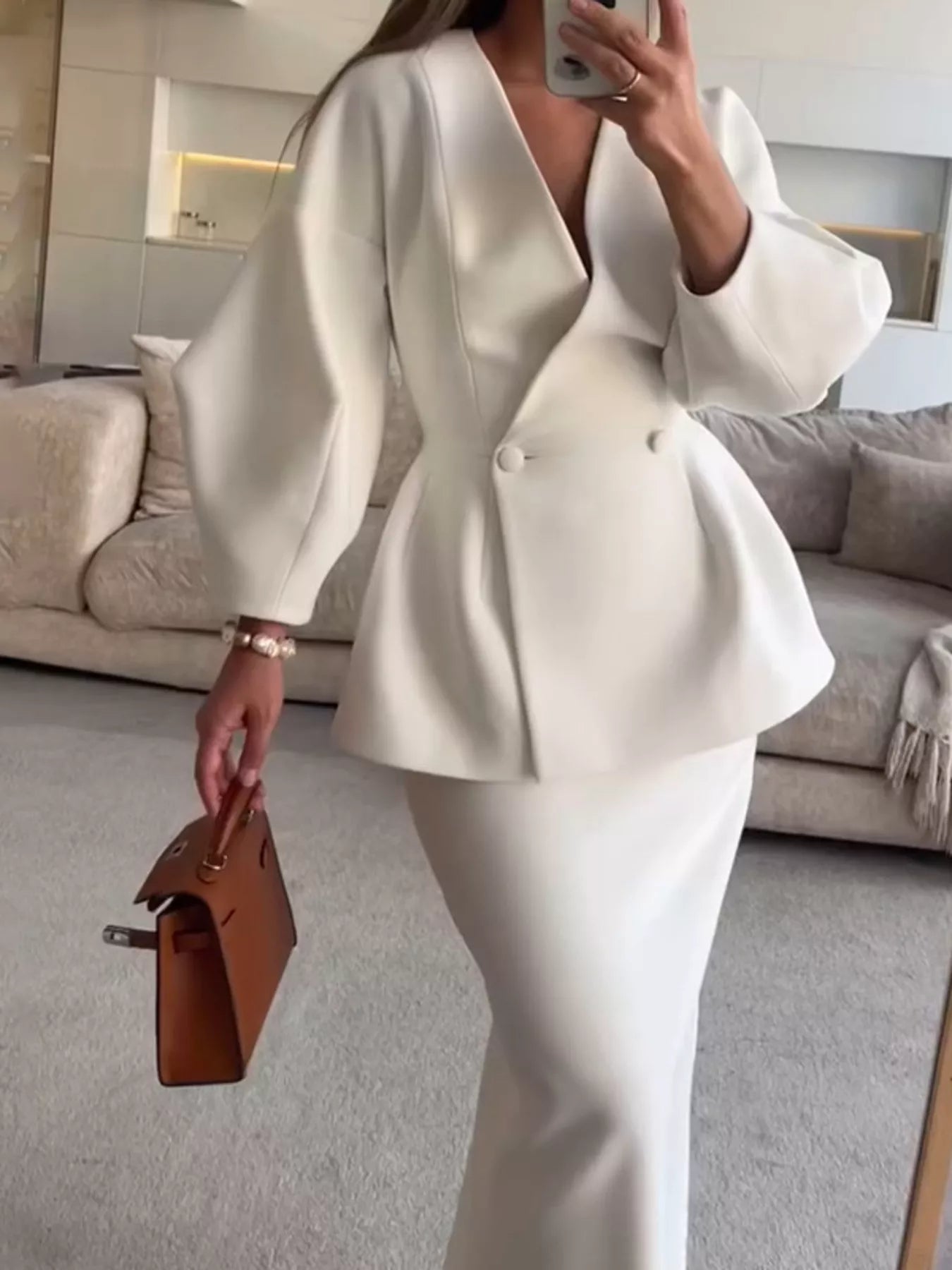 Trendsi Double-Breasted Peplum Blazer and Skirt Set -