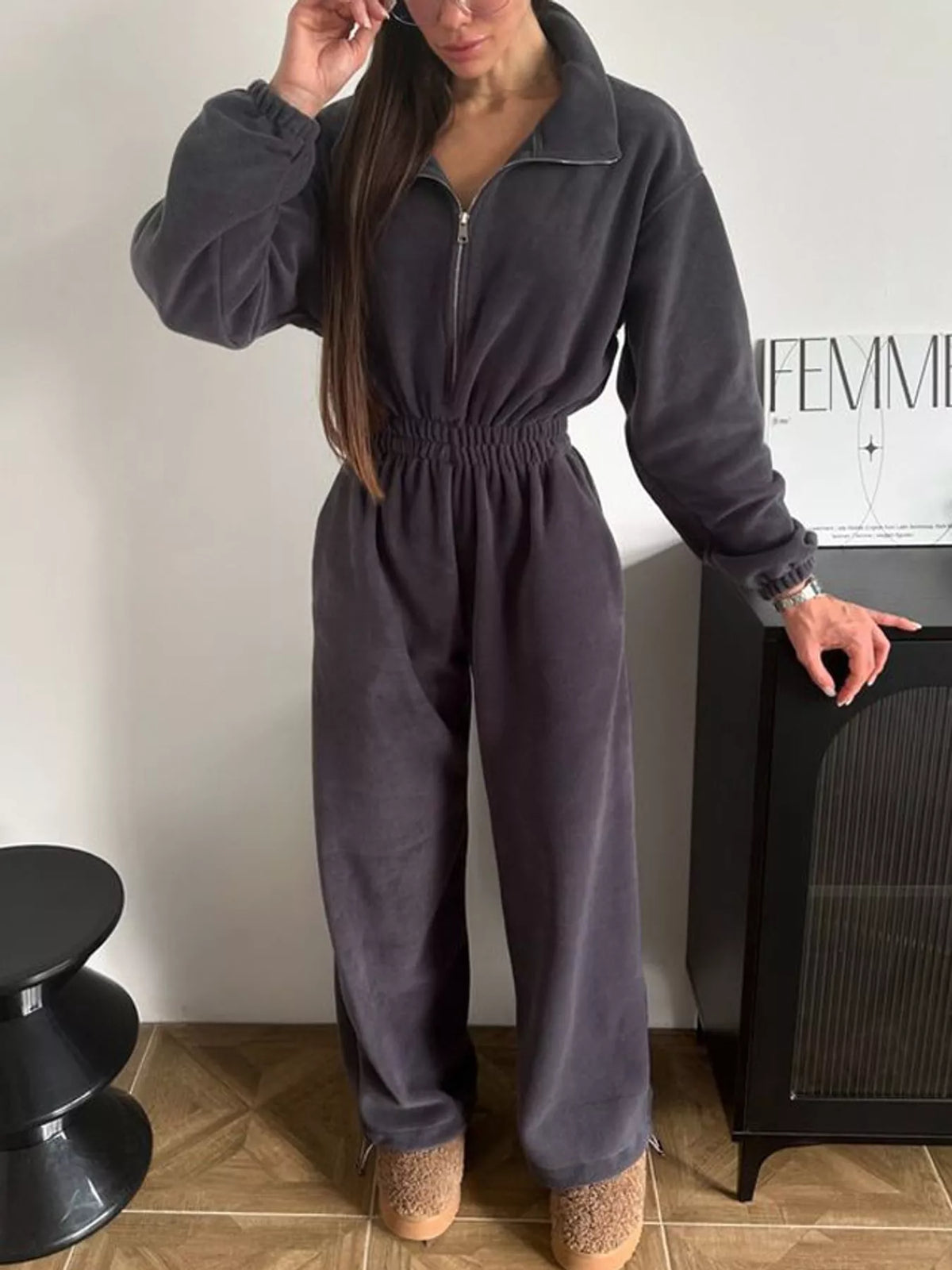 Zip Front Long Sleeve Jumpsuit — front view