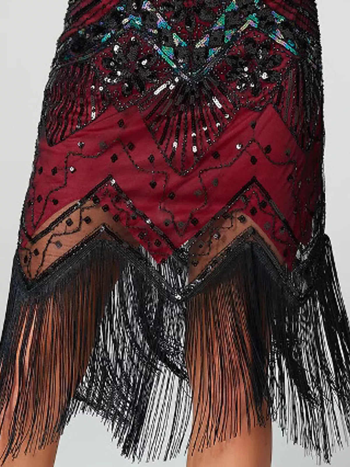 Red sequin fringe-hem dress, fringe hem detail