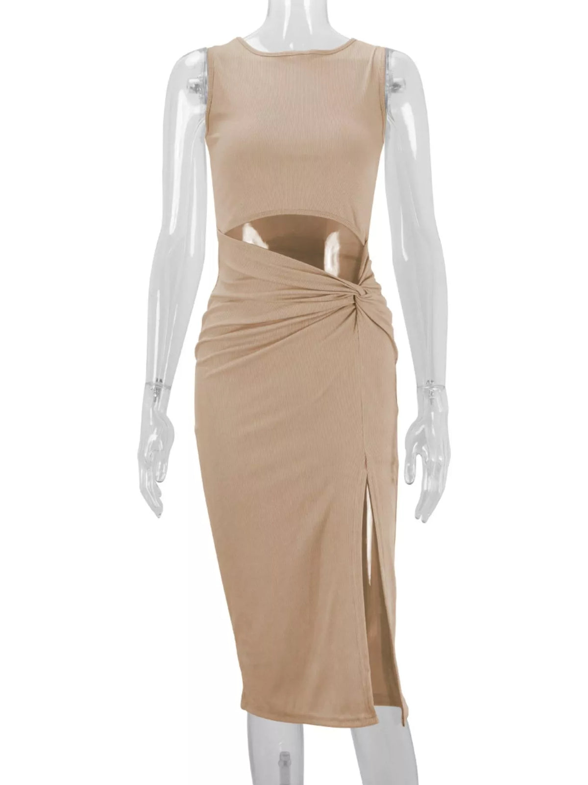 Women's Sleeveless Cut-Out Ruched High-Slit Bodycon Dress in beige — mannequin front view