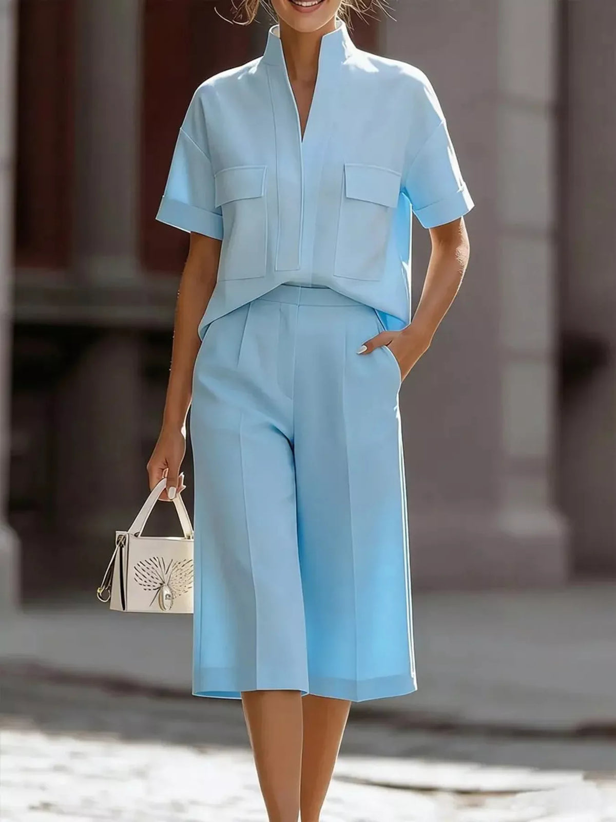 Sky Blue short sleeve shirt and capris set