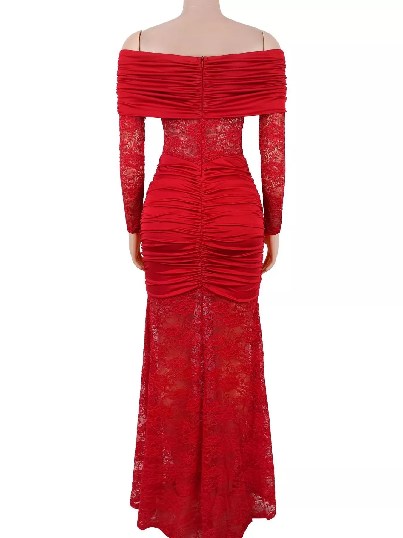Trendsi Off-Shoulder Ruched Lace Mermaid Maxi Dress -