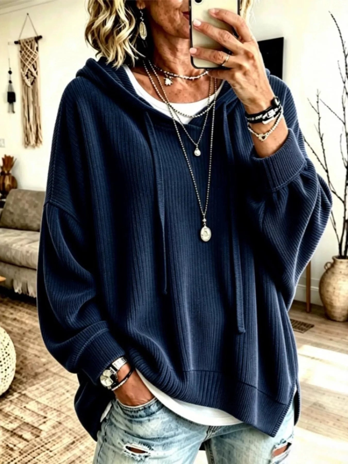 Trendsi Drawstring Ribbed Knit Hoodie -