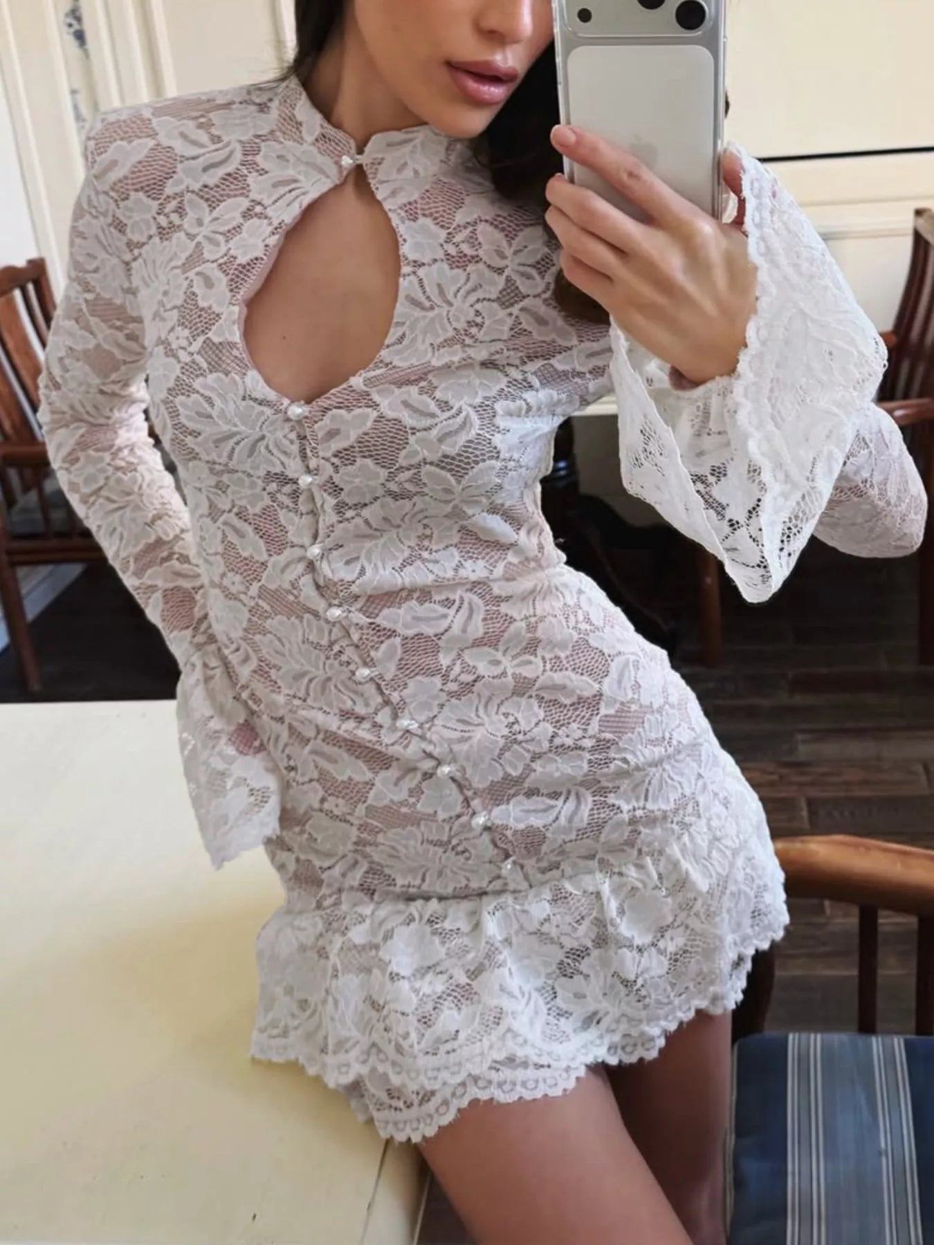 Trendsi Lace Long-Sleeve Ruched Mini Dress -
