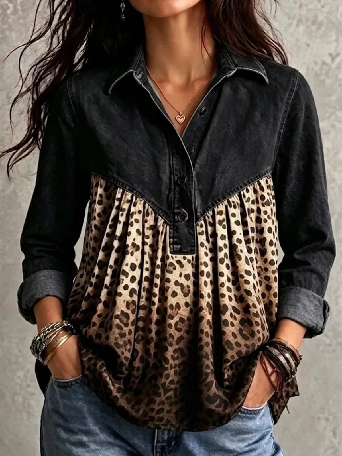 Black leopard-panel button-front blouse, front view