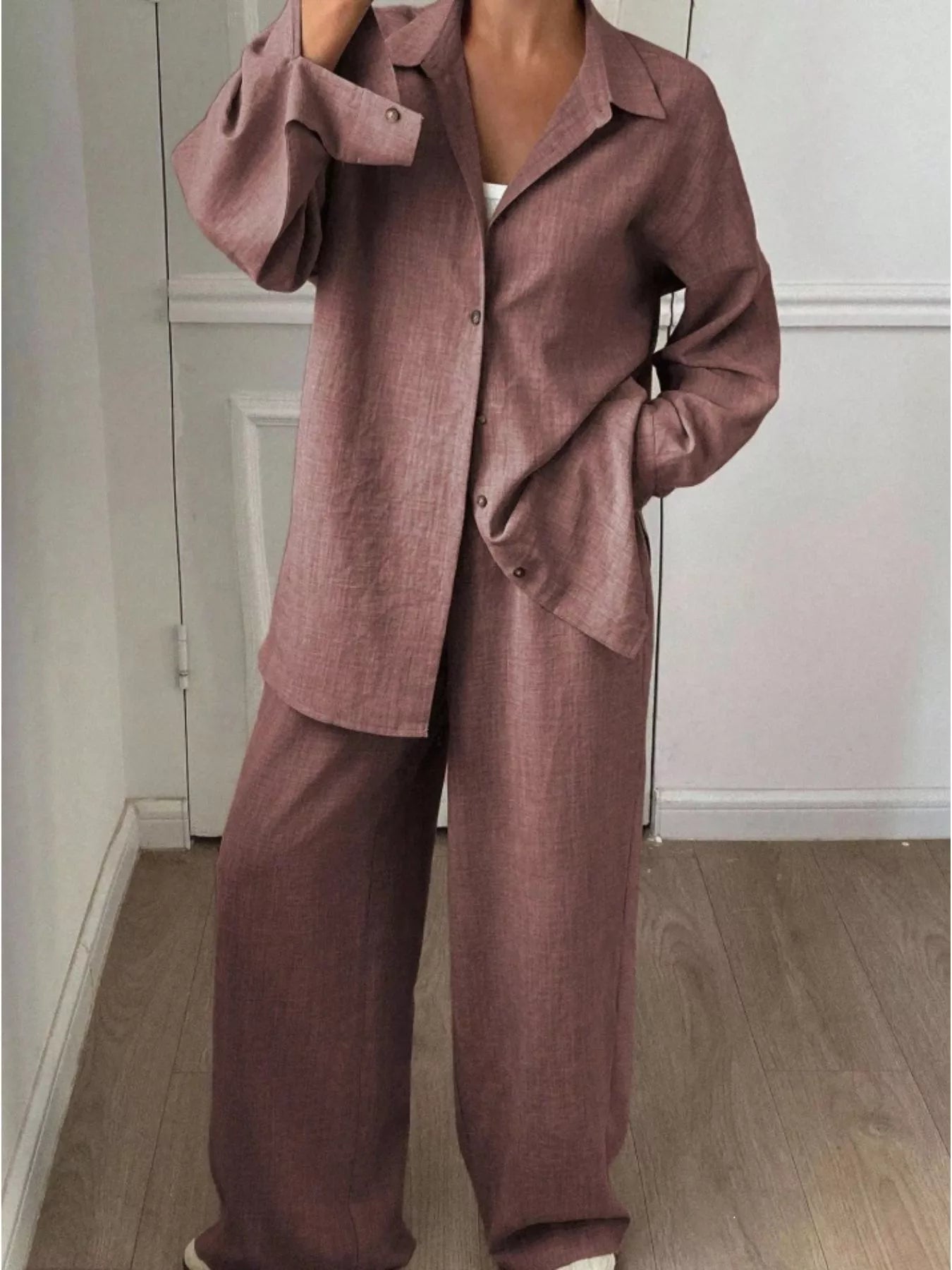 Trendsi Button Up Long Sleeve Shirt and Wide Leg Pants Set -