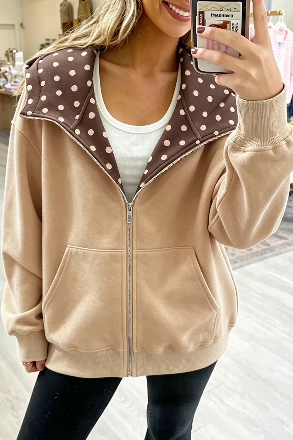 Polka Dot Zip-Up Hoodie in beige, front view