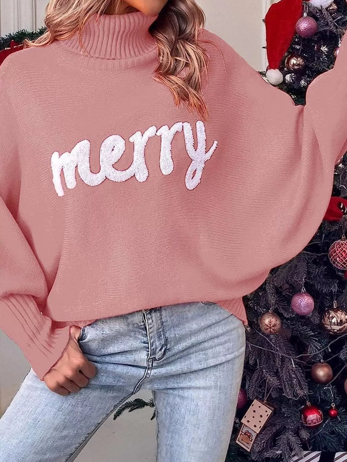 Pink lettering turtleneck sweater