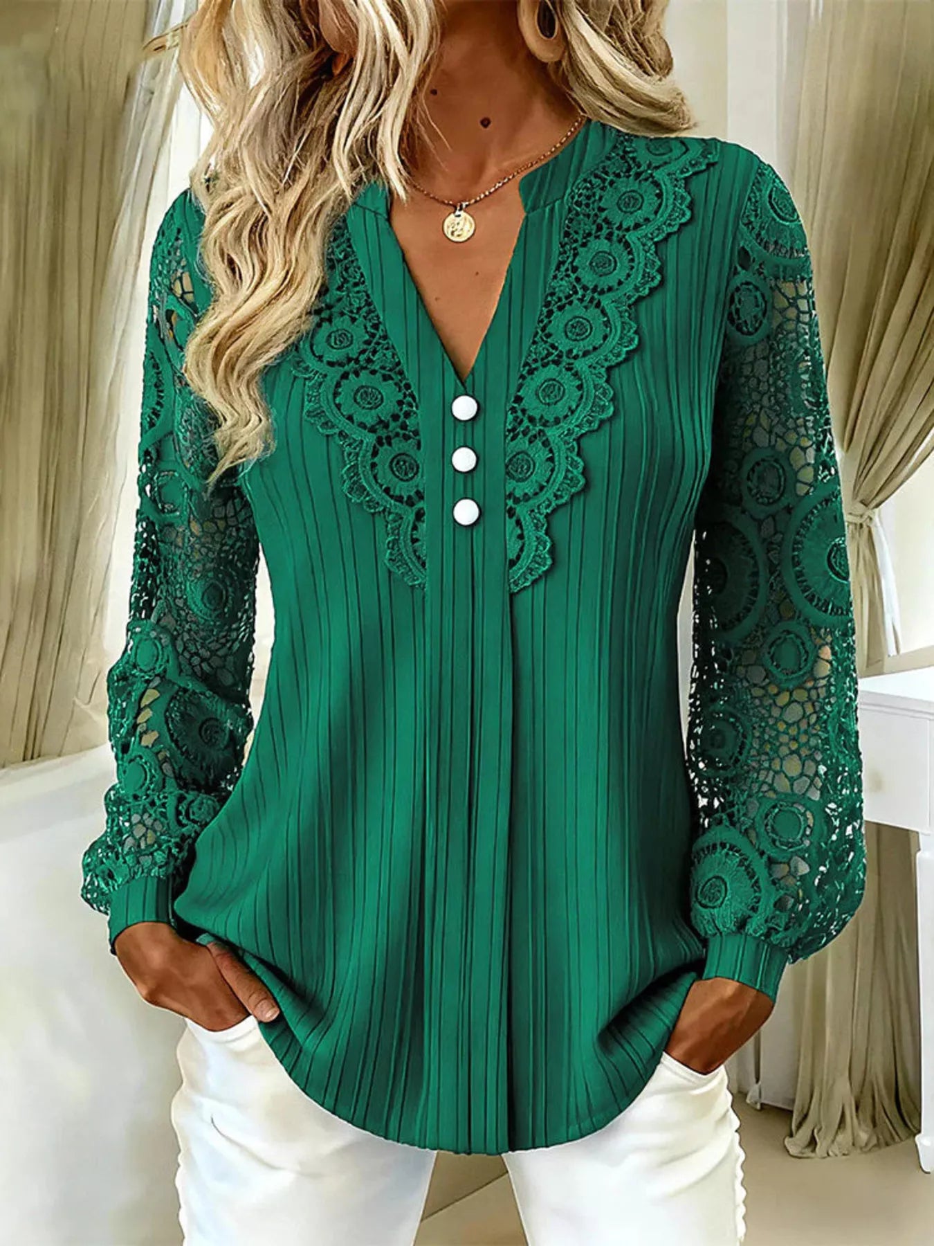 Trendsi Lace Long Sleeve Notched Blouse -