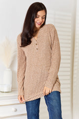 Trendsi Double Take Notched Neck Ribbed Long Sleeve T-Shirt - Pants
