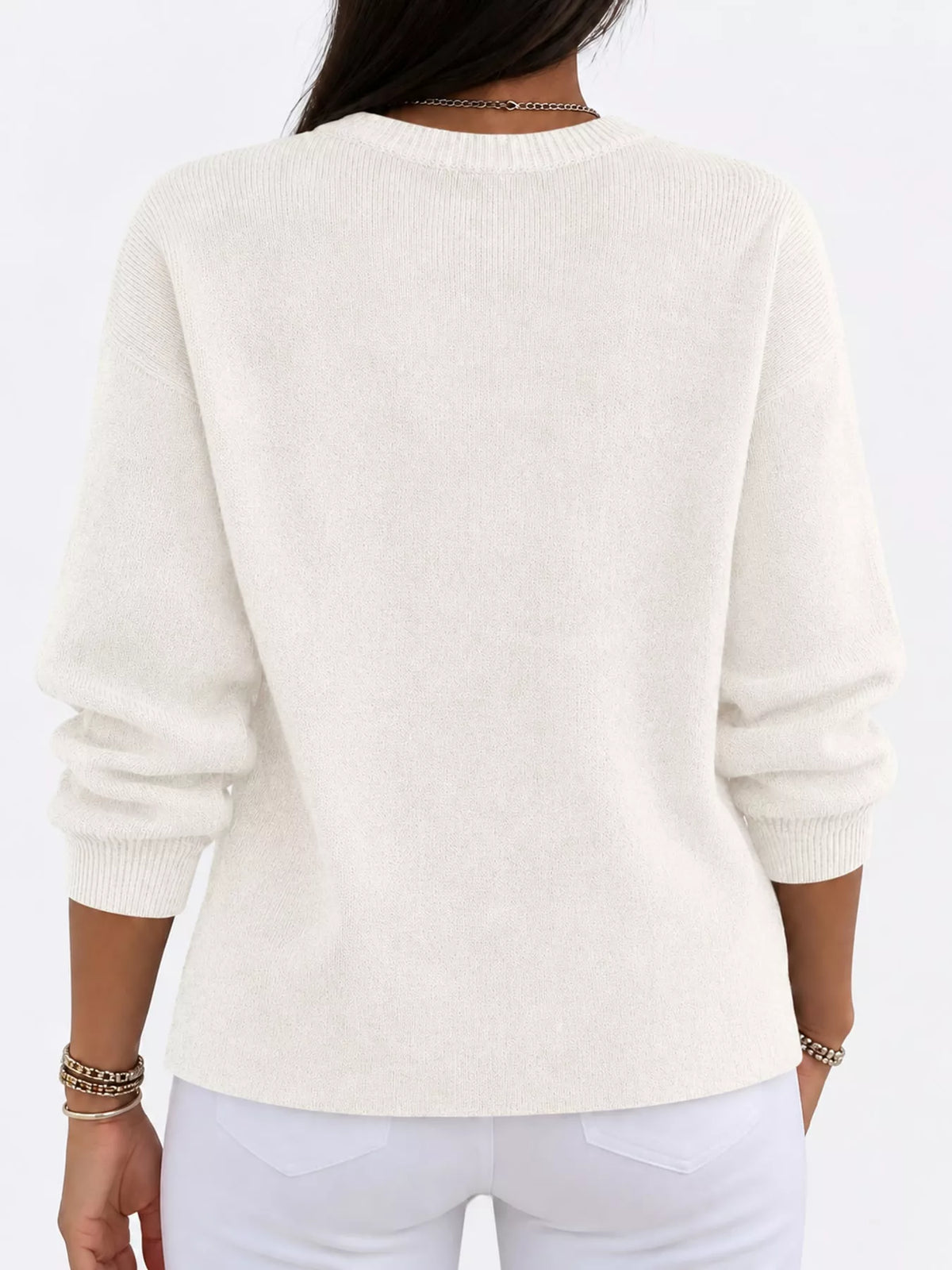 Apricot crew neck sweater, back view