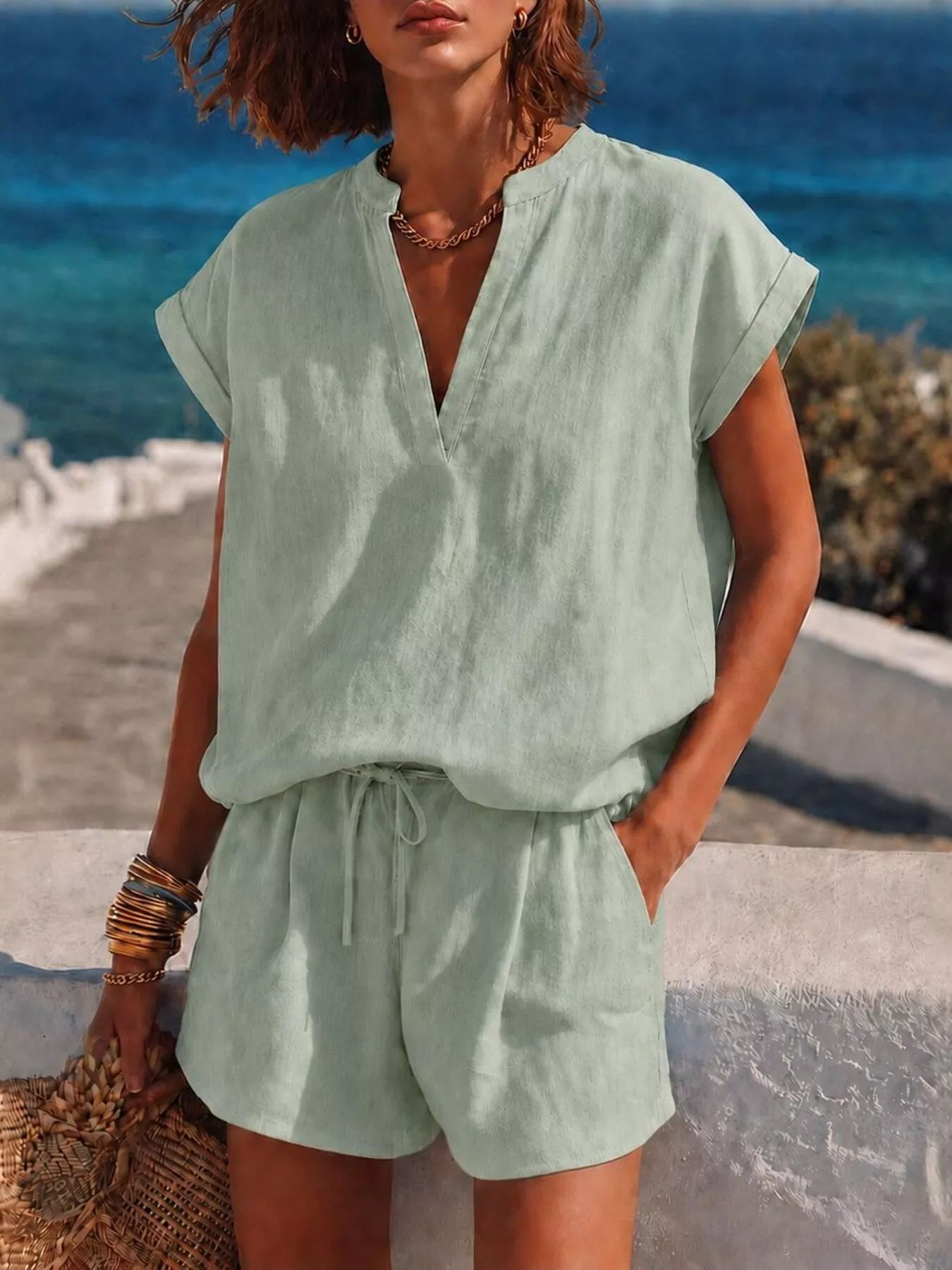 Trendsi Notched Short Sleeve Top and Shorts Set -