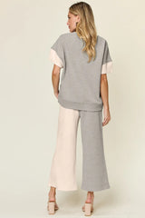 Trendsi Double Take Full Size Texture Contrast T-Shirt and Wide Leg Pants Set -