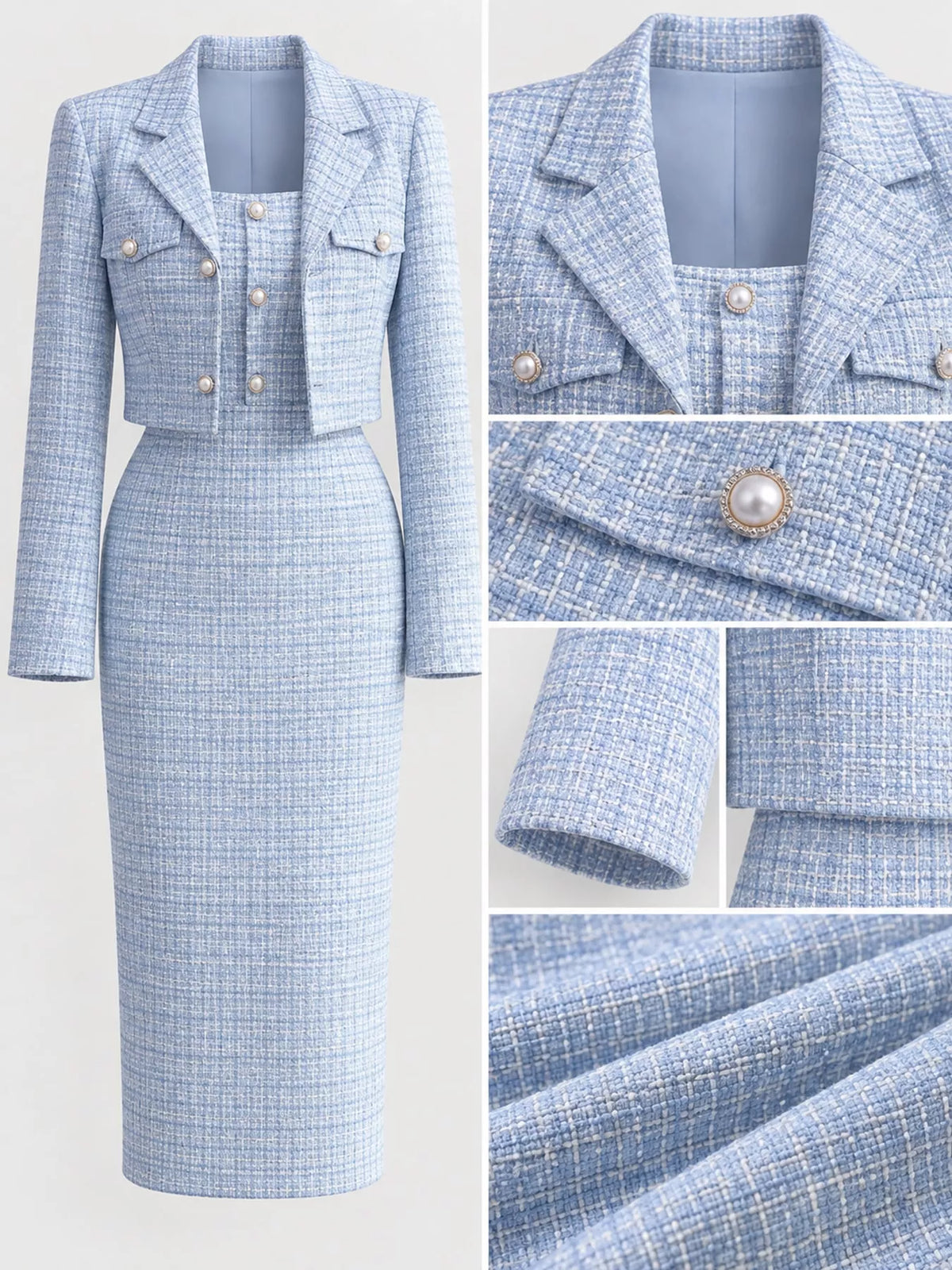 Tweed dress and cardigan set, blue collar button cuff and tweed details