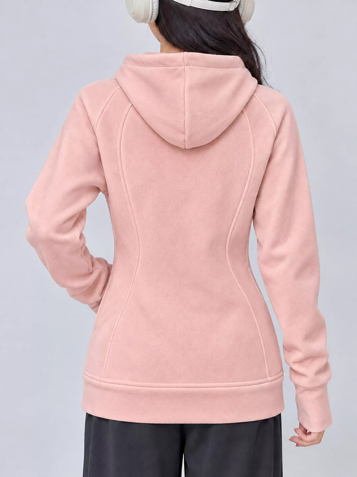 Slim-Fit Full-Zip Thumb Hole Long Sleeve Hoodie with Pockets — back view