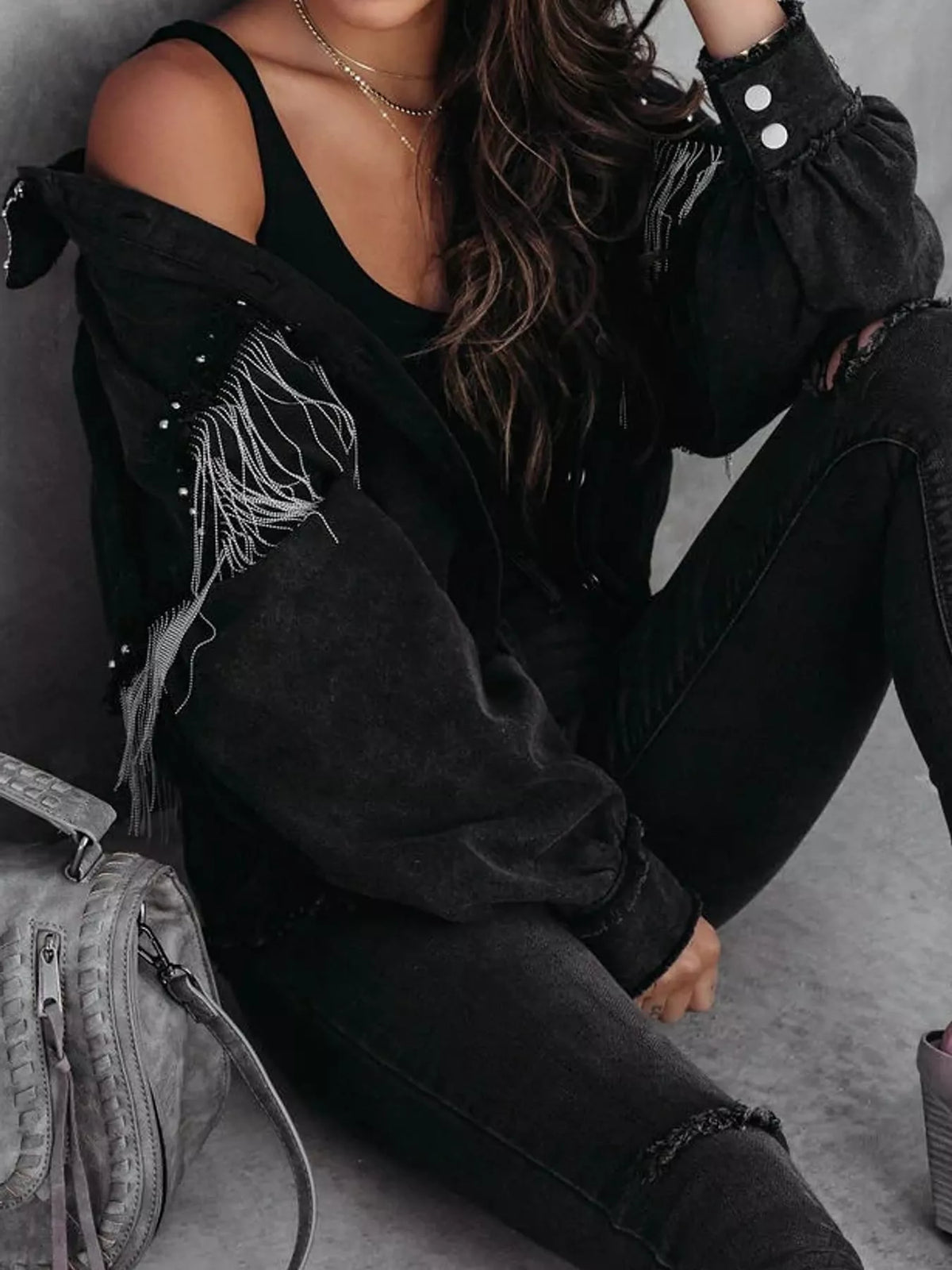 Fringe Washed Denim Jacket, front view